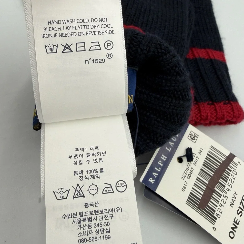 New Polo Ralph Lauren 100% Wool Kid's Gloves Size 8-20 Navy Blue Red